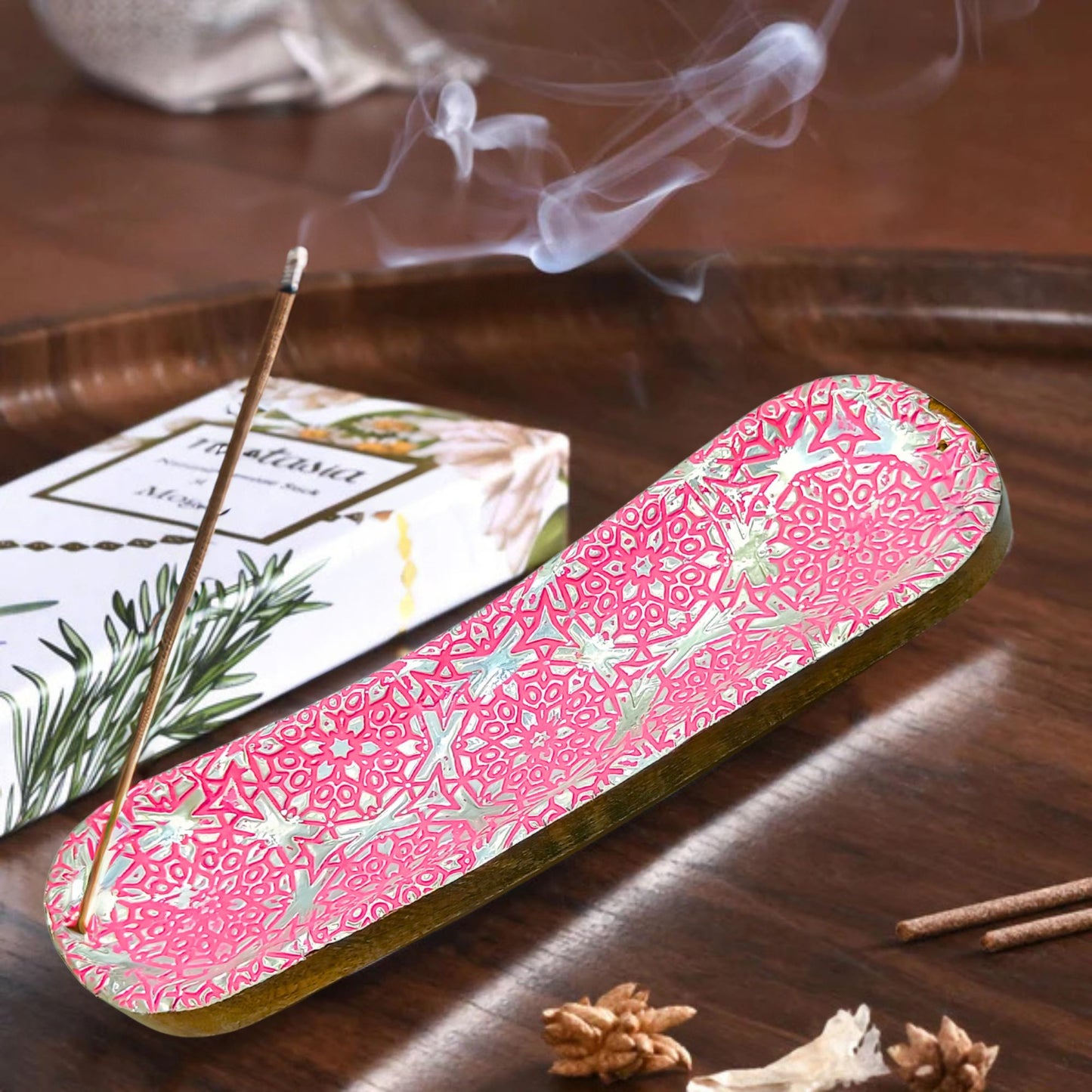 Wooden Double Incense Sticks & Cone Pink Burner