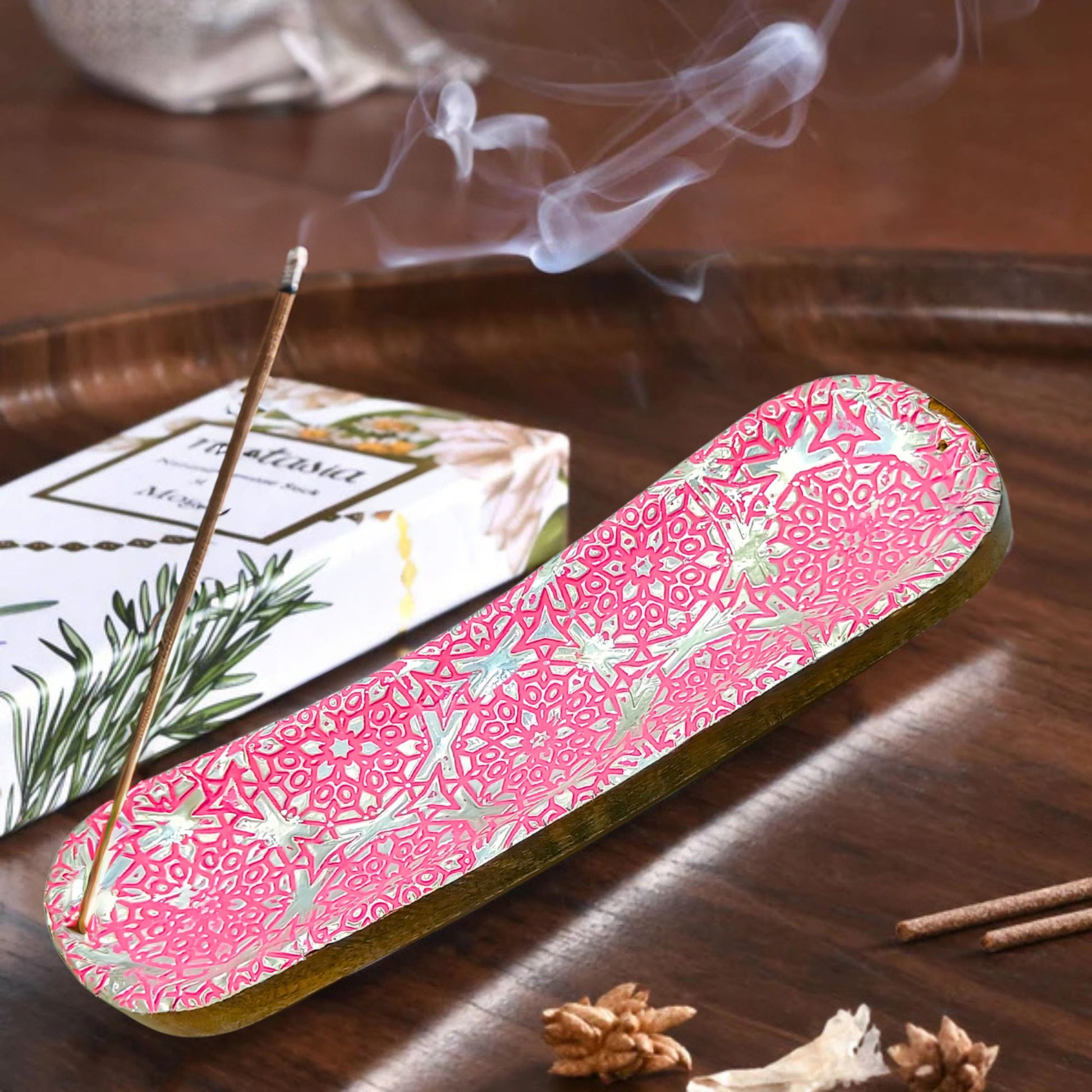 Wooden  Double Incense Sticks & Cone Pink Burner 