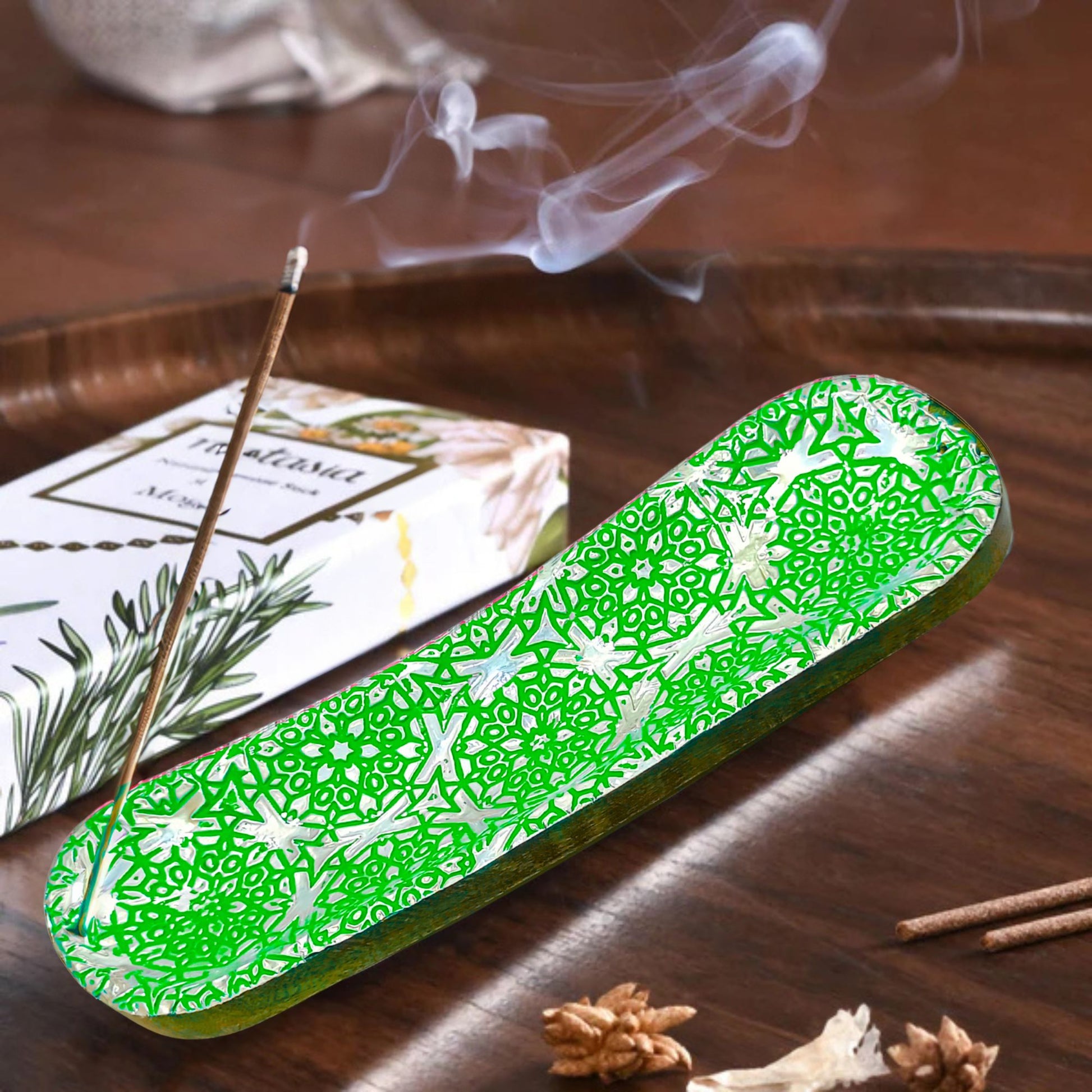 Wooden  Double Incense Sticks & Cone Green Burner